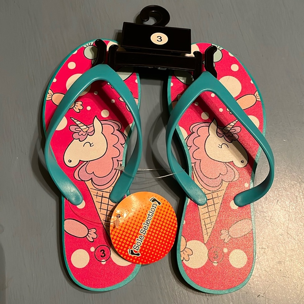 NEW Quality FLIP FLOPS-Unicorn Ice Cream Cone, little girls sz 3,Sole Selection